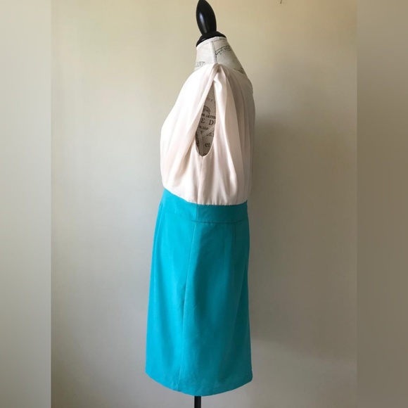 Joy Joy | Cream + Aqua Color Block Sheath Dress - Picture 6 of 8